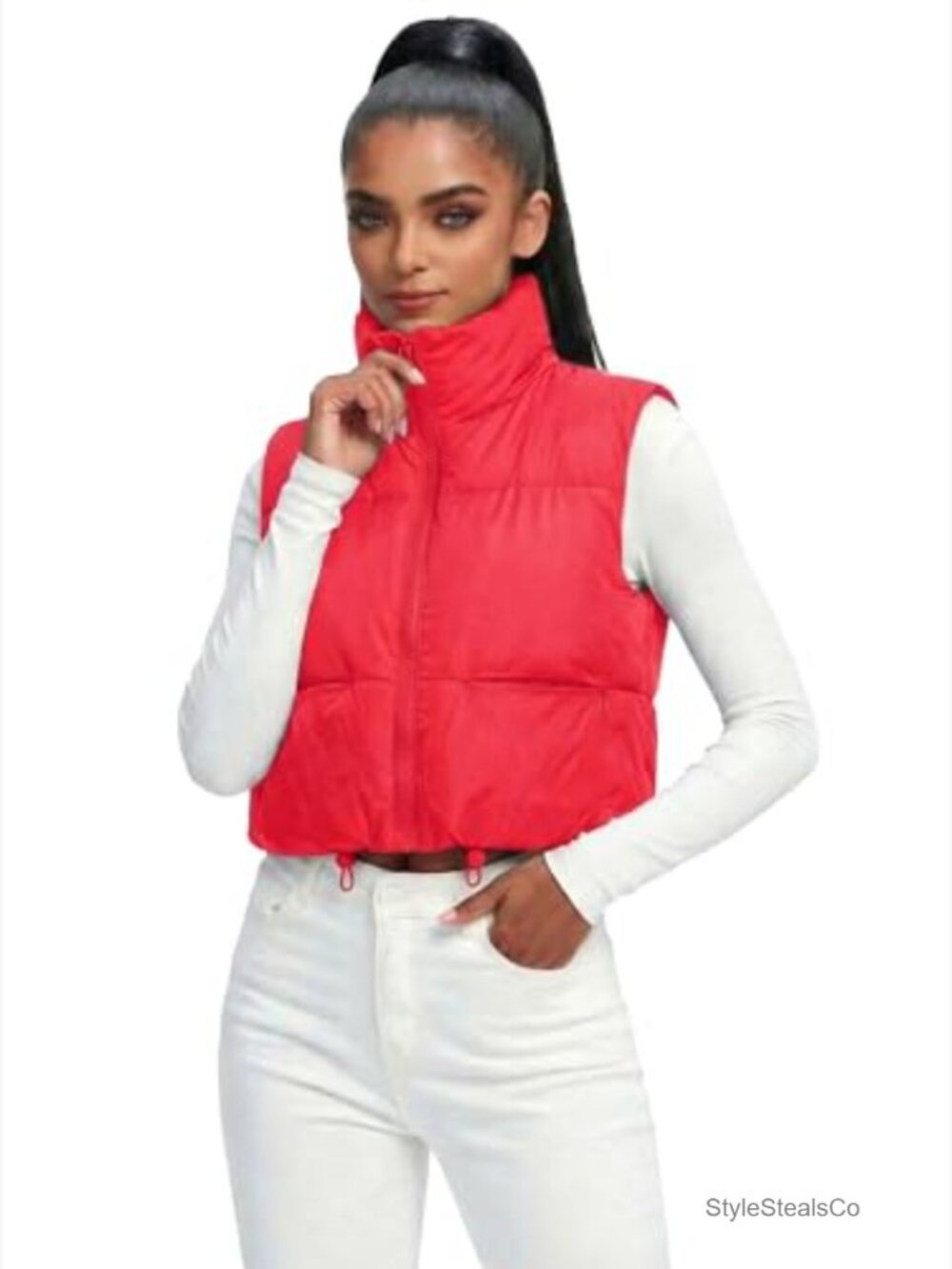 Lightweight Puffer Vest with High Collar, Adjustable Hem, Sleeveless Crop Gilet - Picture 2 of 7